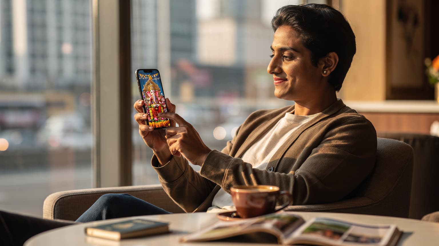 A person abroad watches a Ganesh Chaturthi live stream on their smartphone, symbolizing digital connection with family during travel.
