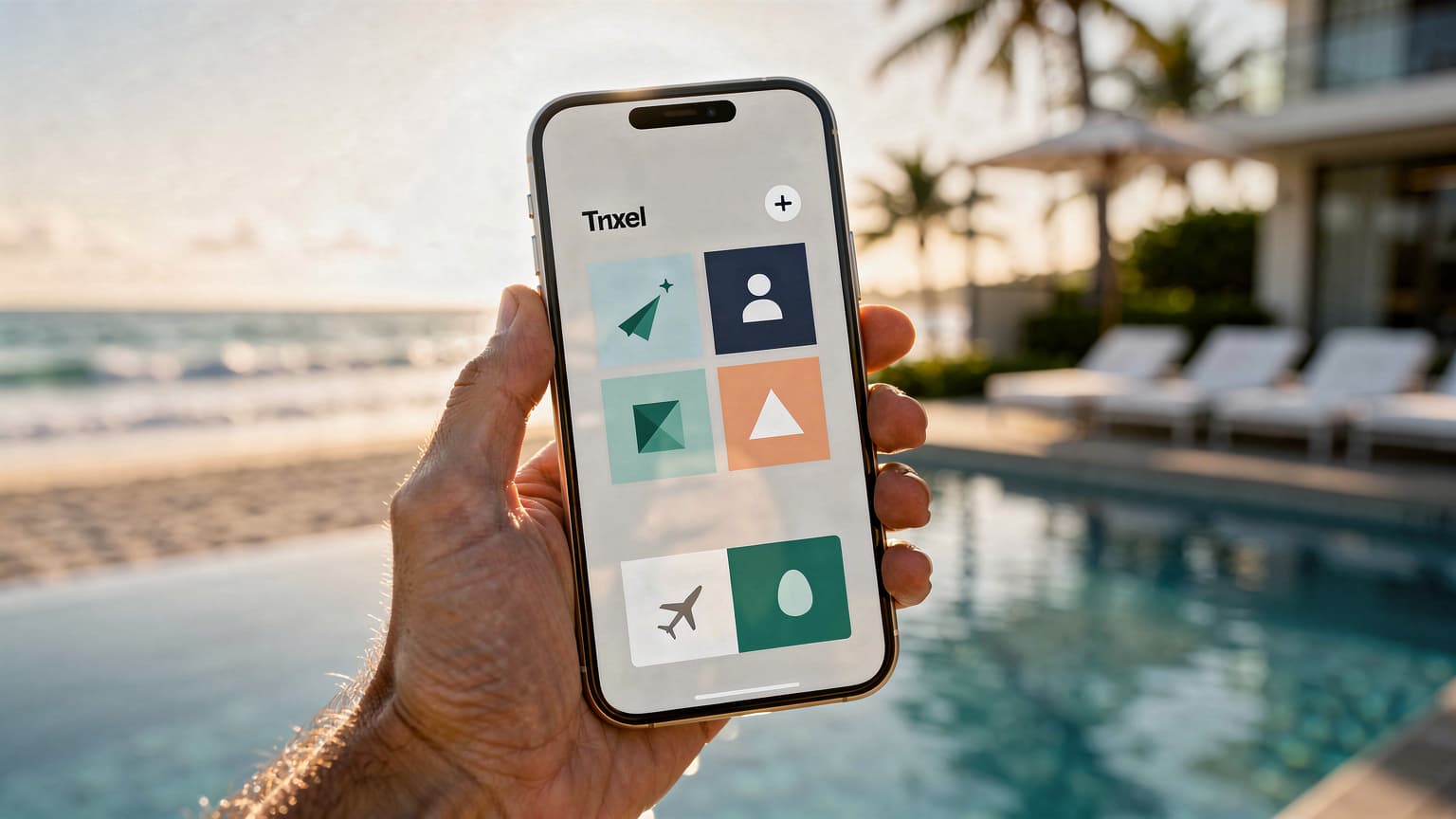 A close-up, photorealistic image of a futuristic iPhone 18 held in a hand, with a blurred background showing a vibrant summer beach scene with turquoise water and palm trees, suggesting seamless global travel and digital connectivity. The image has a cinematic feel with natural, warm light.