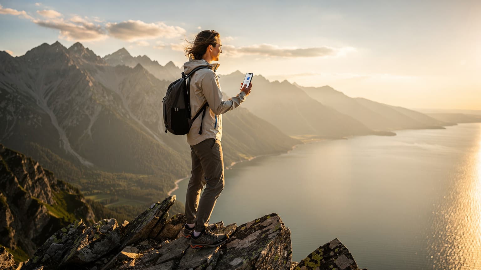 A person stands on a scenic mountain ridge with a vast lake on one side and rugged peaks on the other, holding a smartphone that shows a strong signal, symbolizing perfect connectivity in beautiful natural travel destinations.