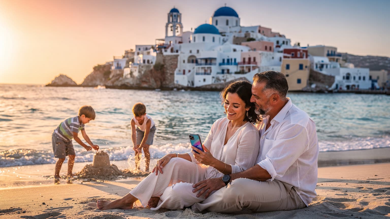 A happy, diverse family enjoying a stress-free vacation on a beautiful Greek island beach, with one parent subtly holding a modern smartphone, symbolizing easy connectivity. In the background are the turquoise sea and white-washed buildings.