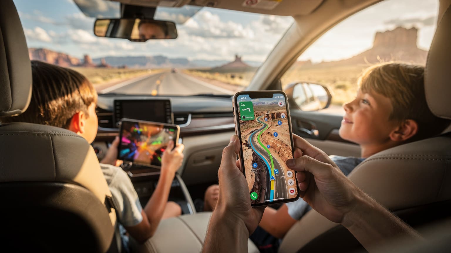 A family on a summer road trip, with an adult using a smartphone for GPS and two happy children entertained in the back seat, set against a blurred scenic American highway.