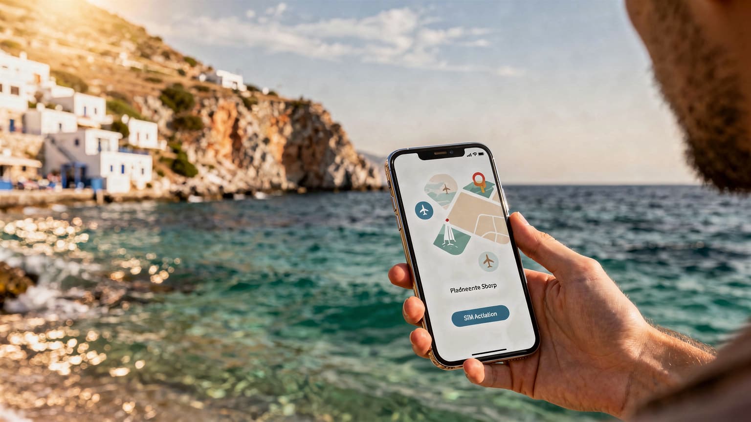 A cinematic shot of a hand holding a smartphone against a beautiful Mediterranean summer backdrop, symbolizing easy travel and eSIM connectivity.