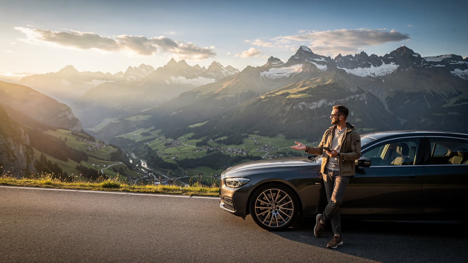 A wide, cinematic editorial photo of a person standing next to a car on a winding Alpine road, overlooking majestic mountains. The scene captures the essence of a stress-free tech-enabled road trip through the Swiss, Austrian, and Italian Alps, with natural light and a sense of awe.