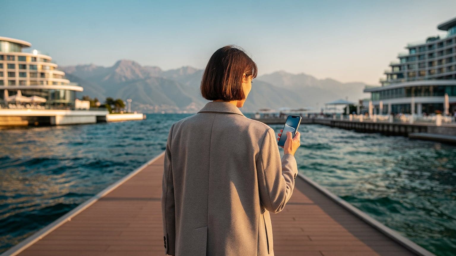 A person on a modern boardwalk in Sochi overlooking the Black Sea and mountains, holding a smartphone. The scene suggests seamless travel and technology under golden hour light.