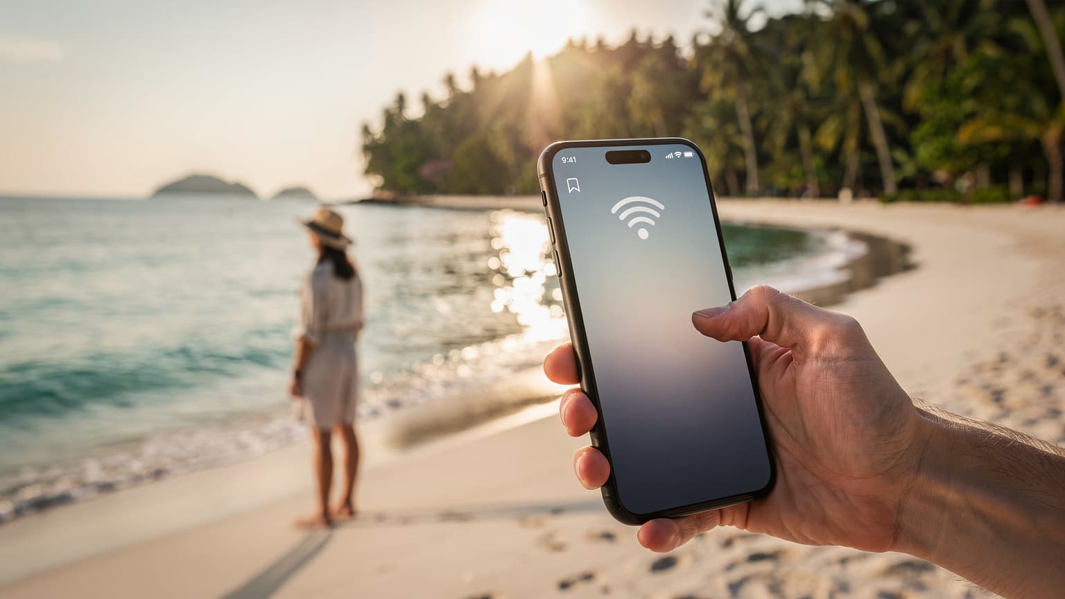 A hand holding a smartphone with a network signal on its screen, set against a blurred yet vibrant backdrop of a sunny Southeast Asian beach with turquoise water and white sand.