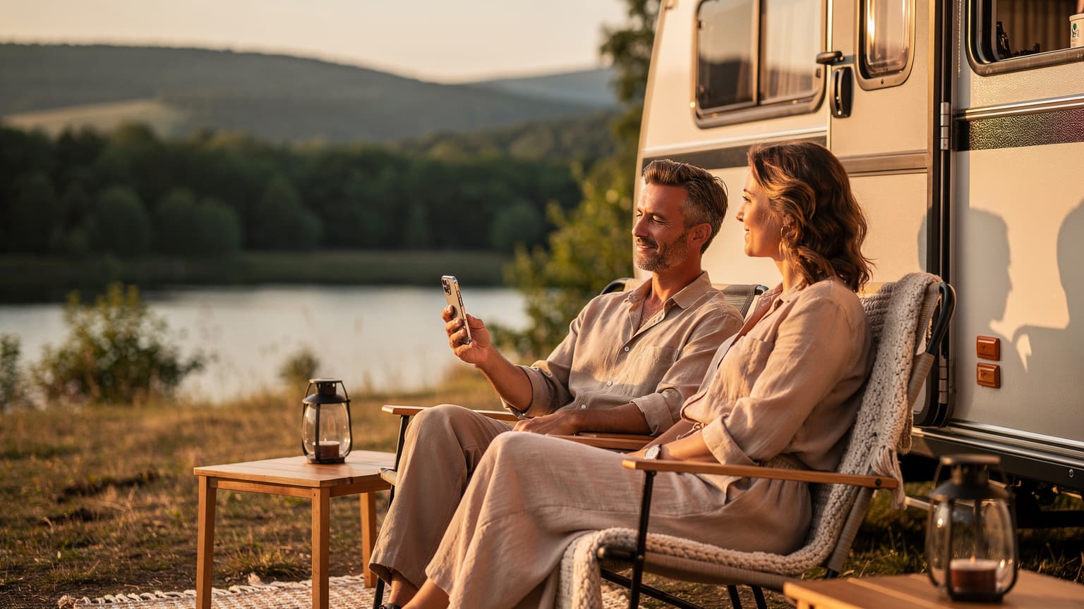 A couple relaxing at a stylish glamping site during golden hour, one holding a smartphone, representing stress-free summer travel with smart tech.