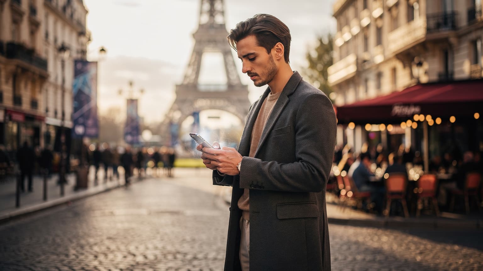 A stylish traveler in Paris uses a smartphone with an iconic landmark in the blurred background, symbolizing effortless digital connectivity in the capital.