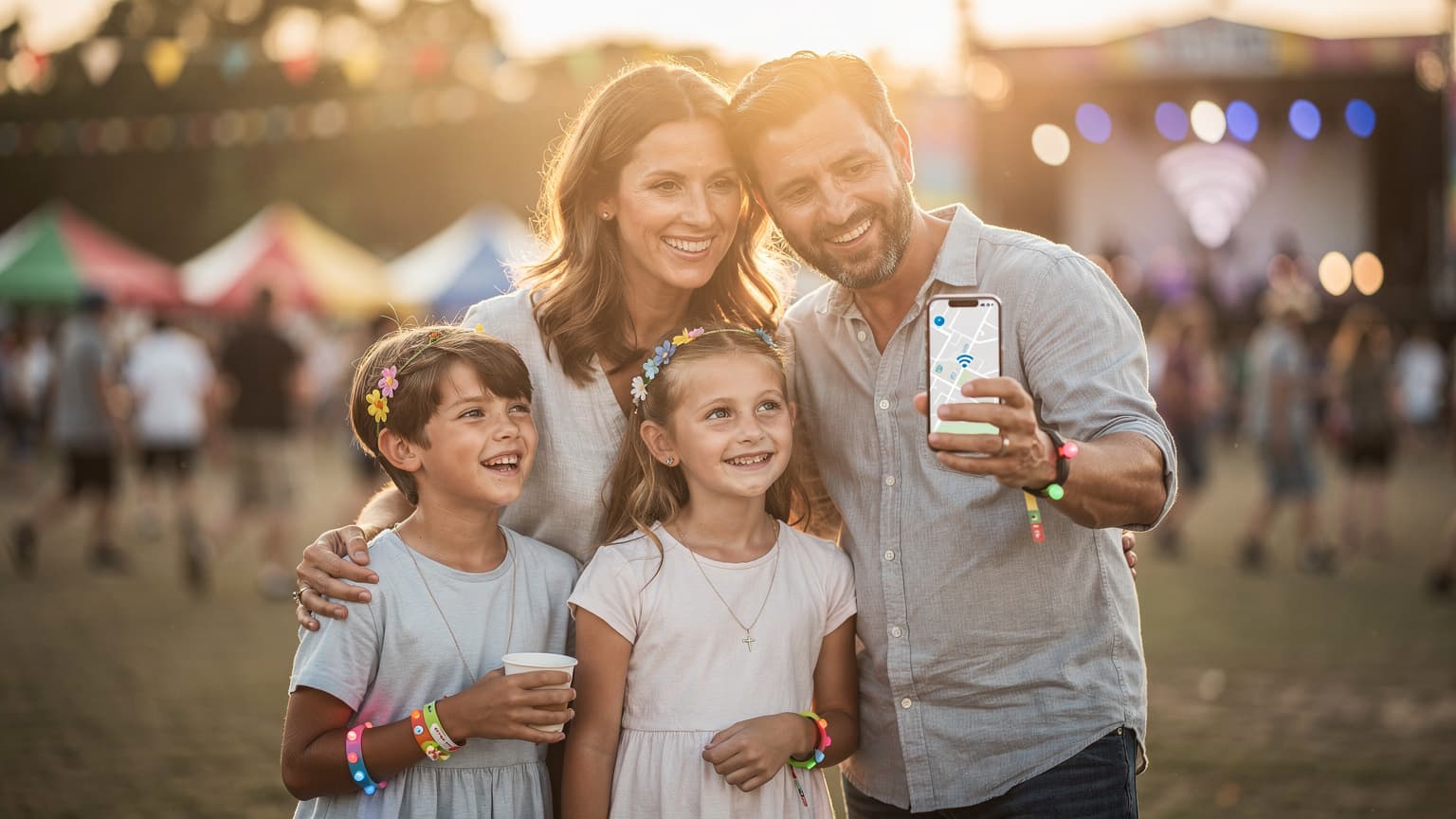 A happy family at a vibrant music festival during golden hour, with a parent subtly holding a smartphone, illustrating stress-free travel and connectivity.