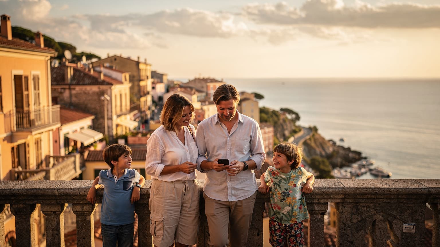 A happy family of four, two parents and two young children, standing on a scenic overlook in a European coastal town at sunset, looking out at the sea. The parents are relaxed, and the children appear content, suggesting a peaceful and connected travel experience.