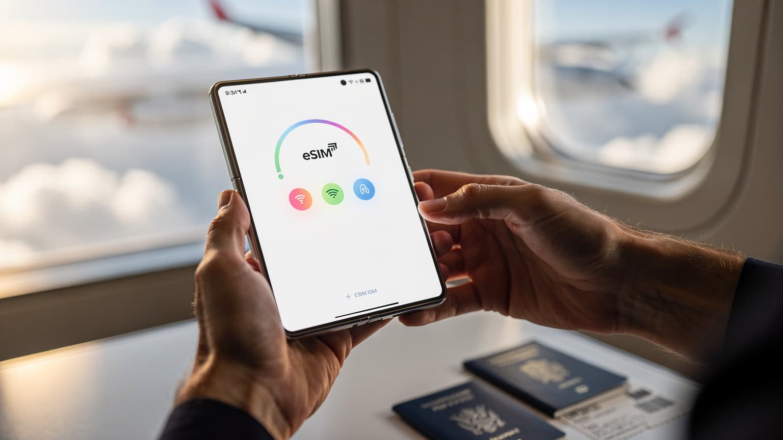 A close-up of a person holding a Samsung Galaxy Z Fold or Flip 8 phone, which shows an eSIM activation screen. The background features a blurred airport lounge or an airplane window with clouds, with a passport and boarding pass subtly visible, conveying a travel and technology theme.