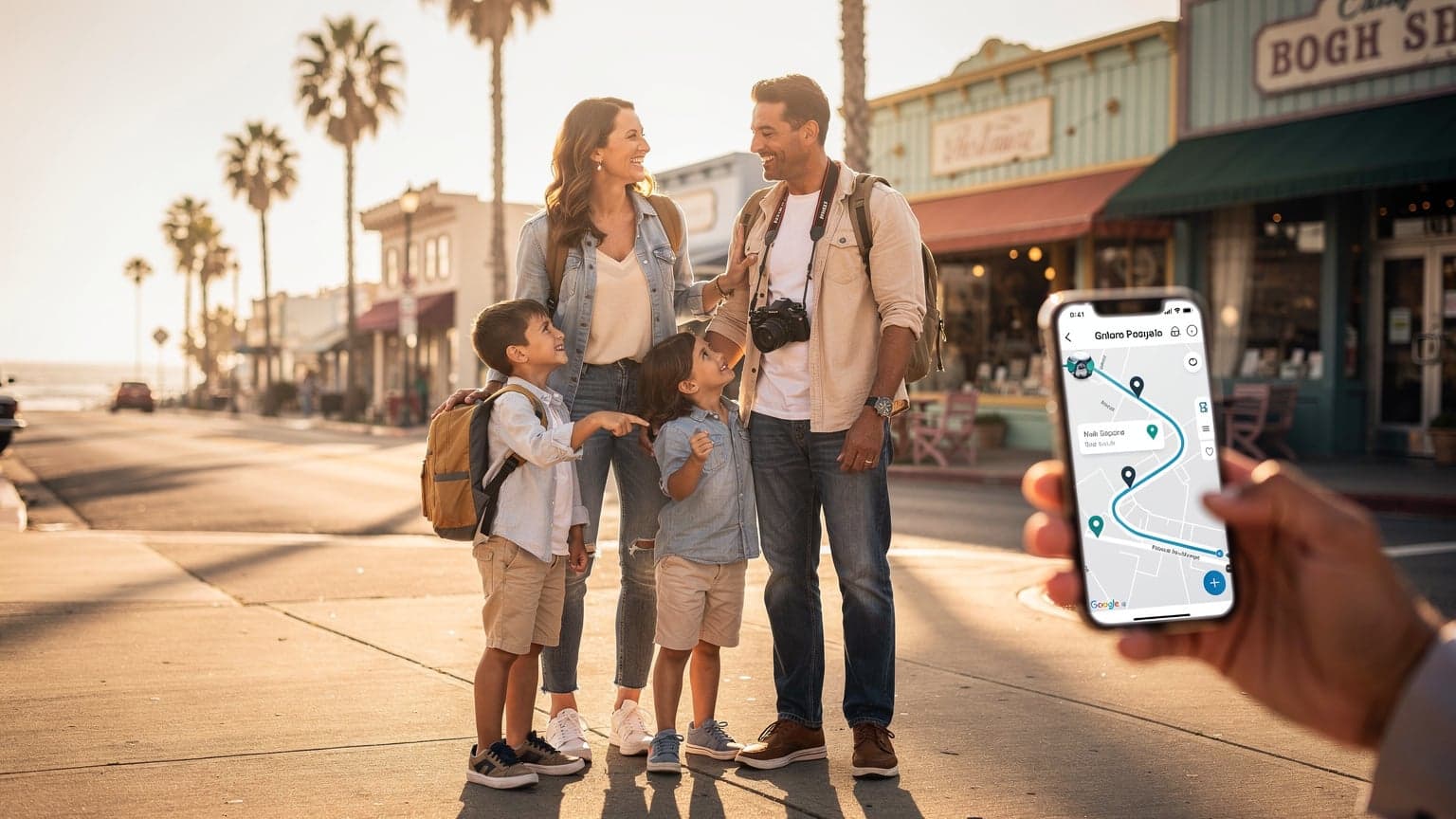 A happy, diverse family of four (parents and two children) enjoying a relaxed moment in a scenic American coastal town during sunset, with a parent subtly holding a smartphone, illustrating seamless and affordable travel connectivity.