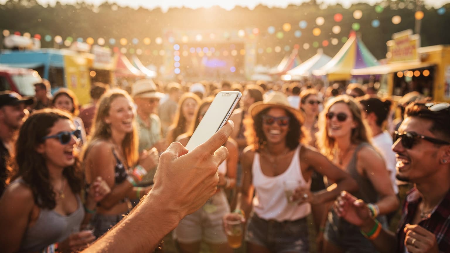 Vibrant European summer festival scene with diverse people, one subtly holding a smartphone, representing connectivity.