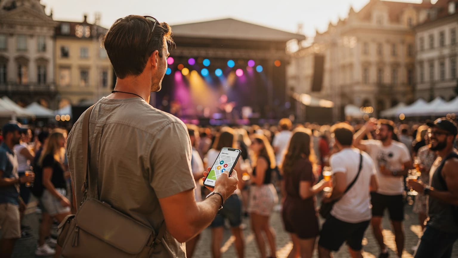 A wide shot of a lively outdoor summer music festival in Europe at sunset, with a crowd of people enjoying the concert. A person in the foreground holds a smartphone, suggesting travel and connectivity.