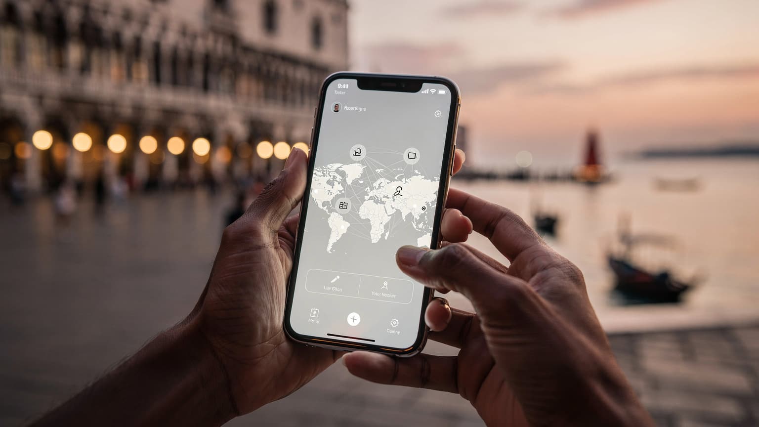 A close-up of hands holding a modern smartphone with a glowing screen, set against a blurred background of an iconic international travel destination at golden hour.