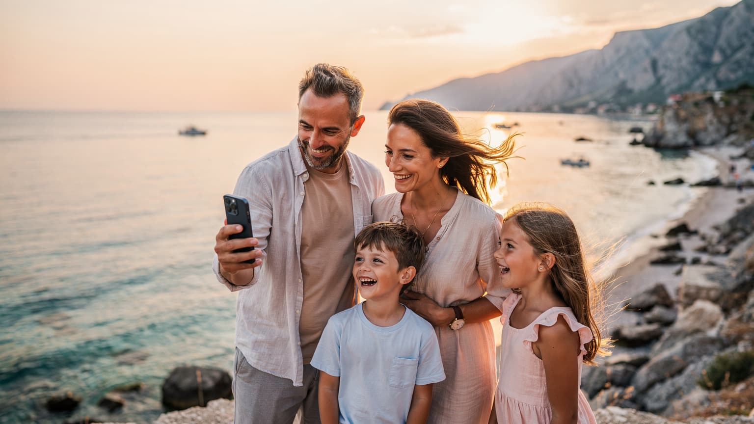 Family on vacation in Albania, enjoying a coastal view at sunset, subtly using a smartphone, symbolizing effortless connectivity.