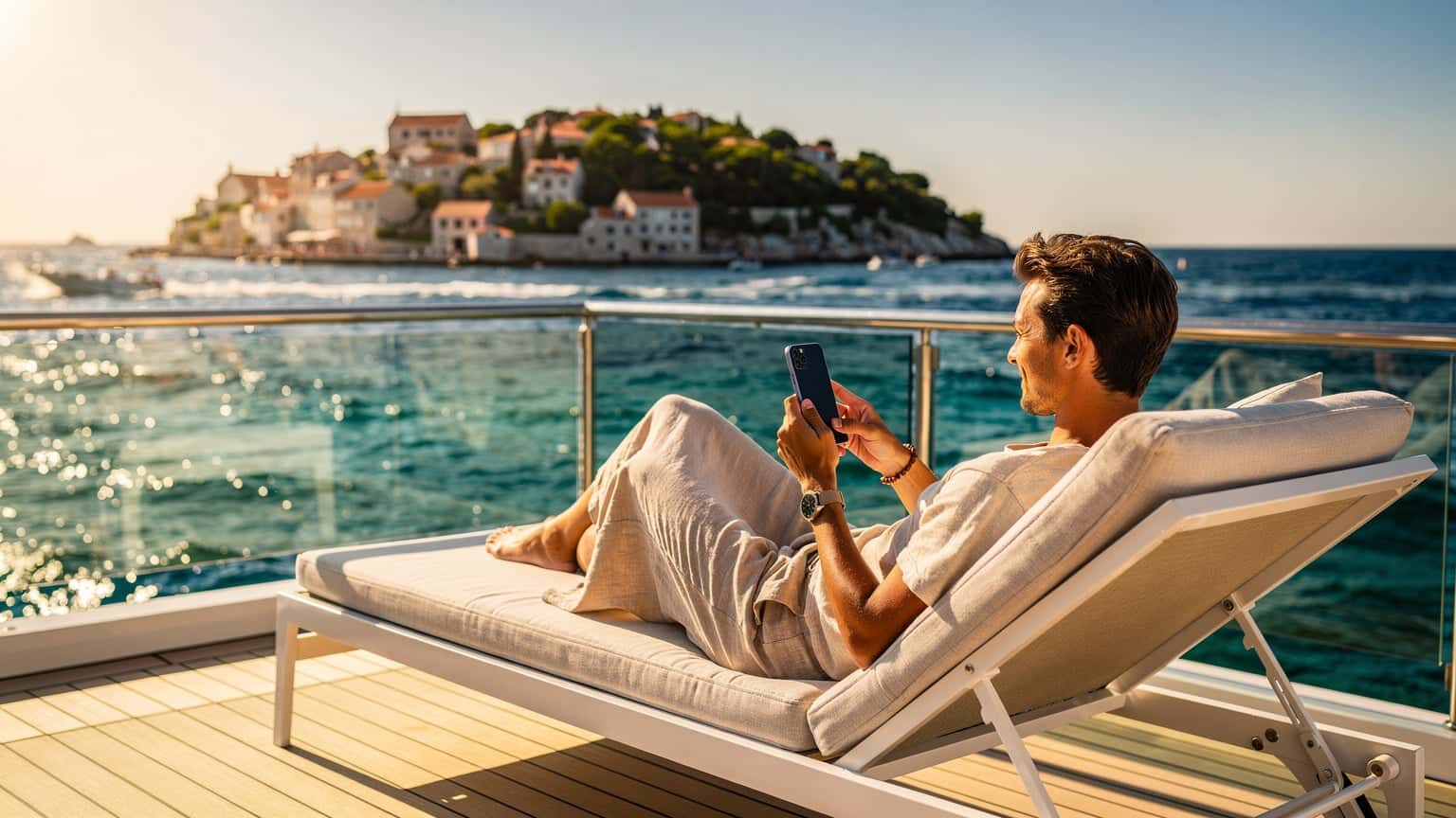 A photorealistic editorial image of a person relaxing on a balcony or yacht deck overlooking the turquoise Adriatic Sea in Croatia, subtly using a smartphone. The scene is bathed in warm, natural light, with a picturesque island or coastal village in the background, symbolizing seamless connectivity during a summer vacation.