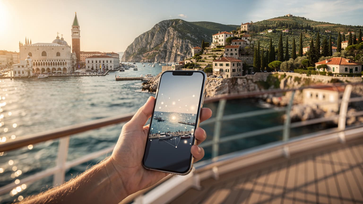 A photorealistic image showing a hand holding a smartphone, with a luxury cruise ship and a panoramic view of the Adriatic Sea, including elements of Venice, the Dalmatian Coast, and Corfu, in the background, under golden hour light.