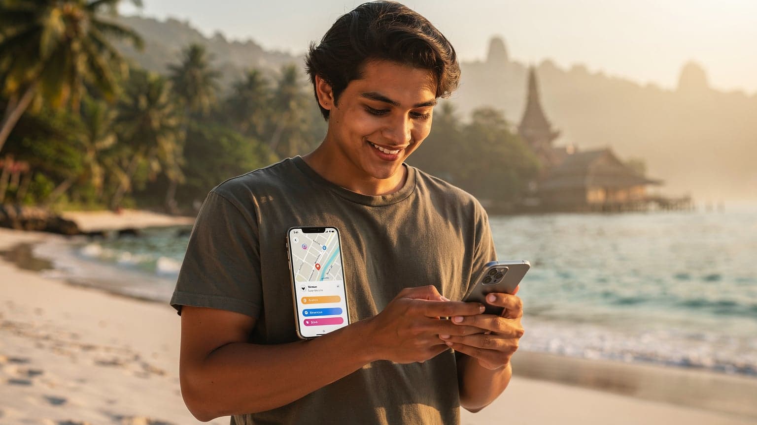 A young person happily looking at a smartphone on a beautiful tropical beach with turquoise water, palm trees, and a distant traditional building, illuminated by warm golden hour light.