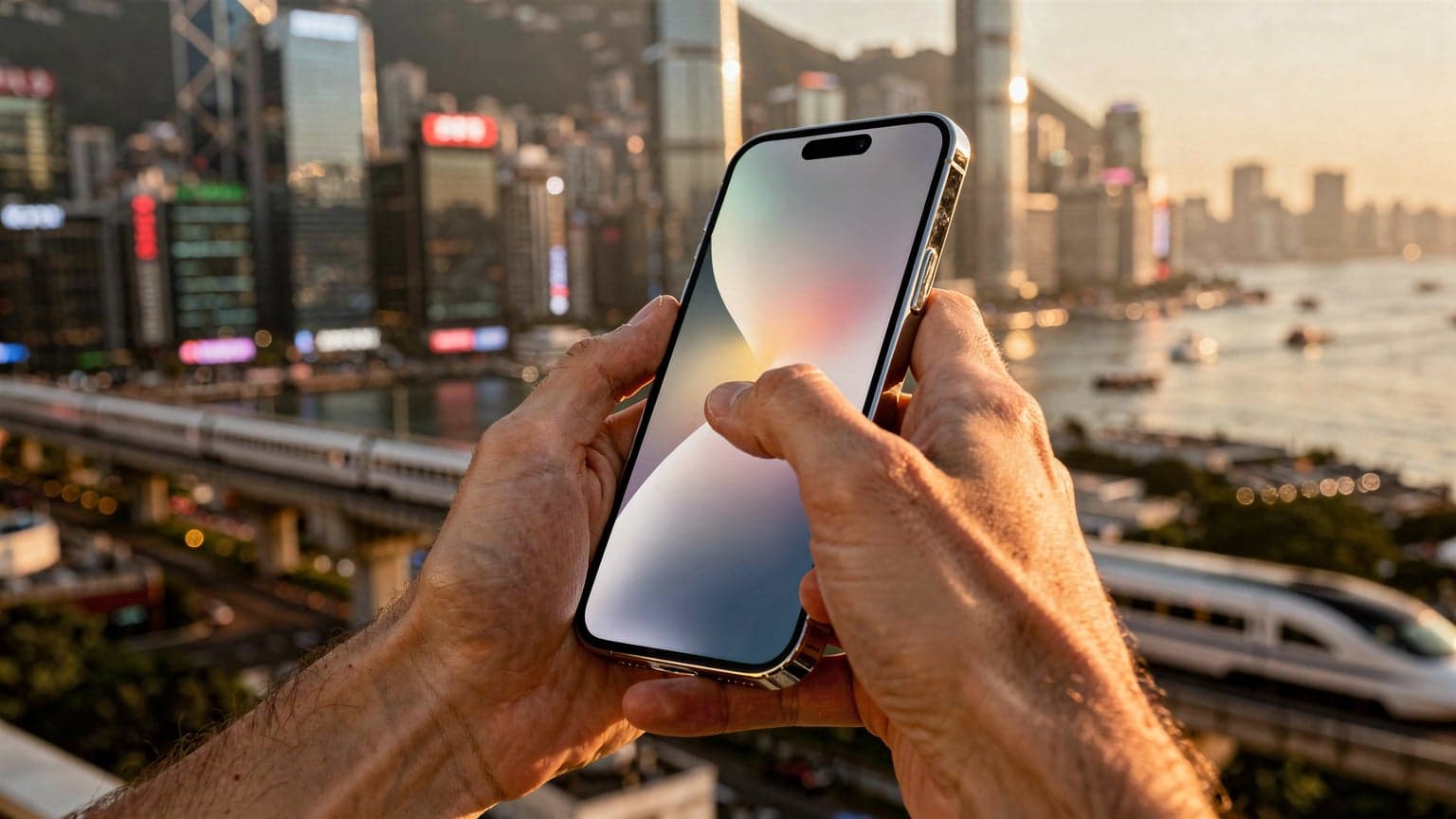 A person holds an iPhone 15 with a bright screen against a blurred, golden hour backdrop of an Asian cityscape, suggesting seamless travel connectivity.