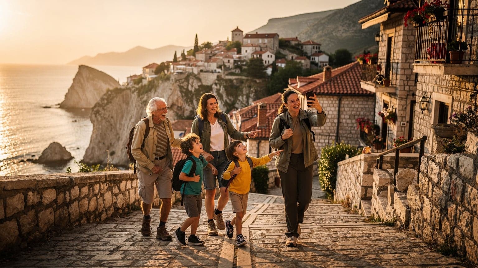 A multi-generational family on a joyful adventure in a beautiful Balkan landscape, with a parent subtly using a generic smartphone, representing carefree travel and seamless connectivity.