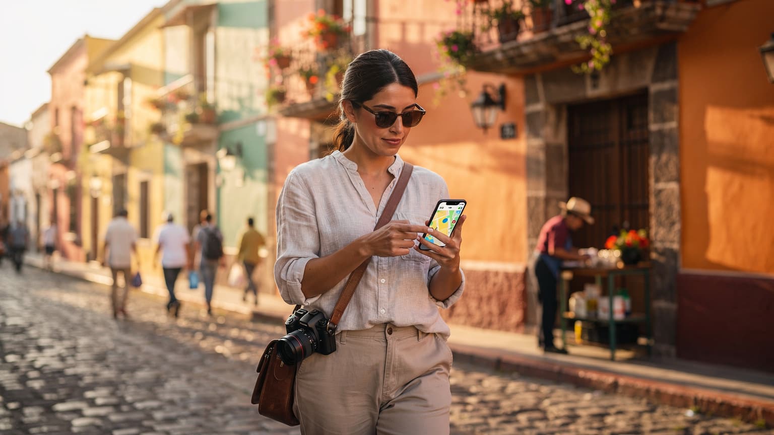 A photorealistic image of a traveler using a smartphone on a vibrant, sunlit street in a Mexican colonial town, conveying preparedness and safe travel.