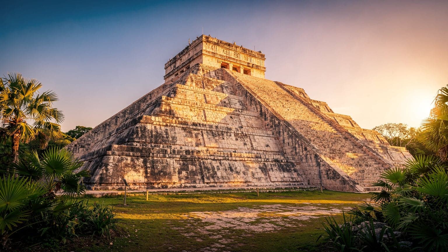 A wide, cinematic view of the ancient Mayan pyramid El Castillo at Chichen Itza, Mexico, illuminated by the golden light of sunrise. The majestic stone pyramid stands against a clear sky, surrounded by vibrant green tropical trees.