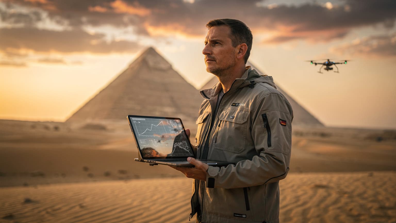 A photorealistic editorial image showing a telecommunications engineer on a sandy dune in Egypt, holding a modern tech device. The Great Pyramids are in the background under a golden hour sky, with a drone in the distance.