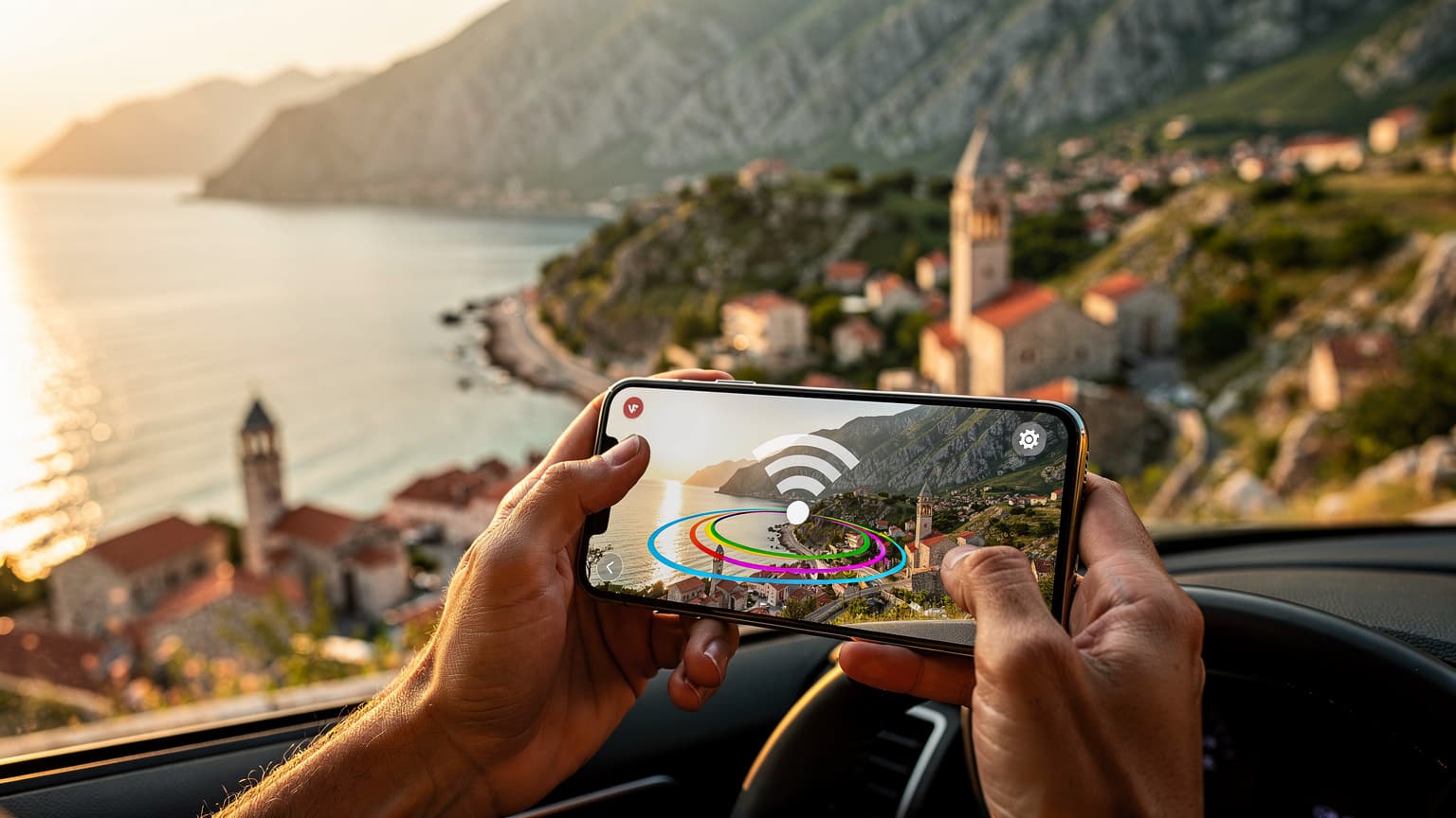 A traveler's hands holding a smartphone with a map or network screen, set against a beautiful, sunlit Balkan road trip landscape, symbolizing modern, connected travel with eSIM technology.