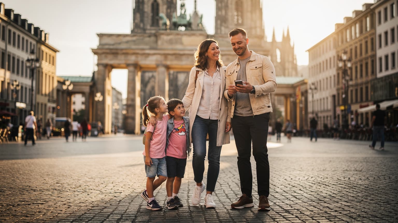 A happy Swiss or Austrian family, including parents and two children, enjoying a trip in a sunny German city square, with a subtle focus on modern travel and connectivity represented by a parent holding a smartphone. The image is cinematic and free of text or logos.