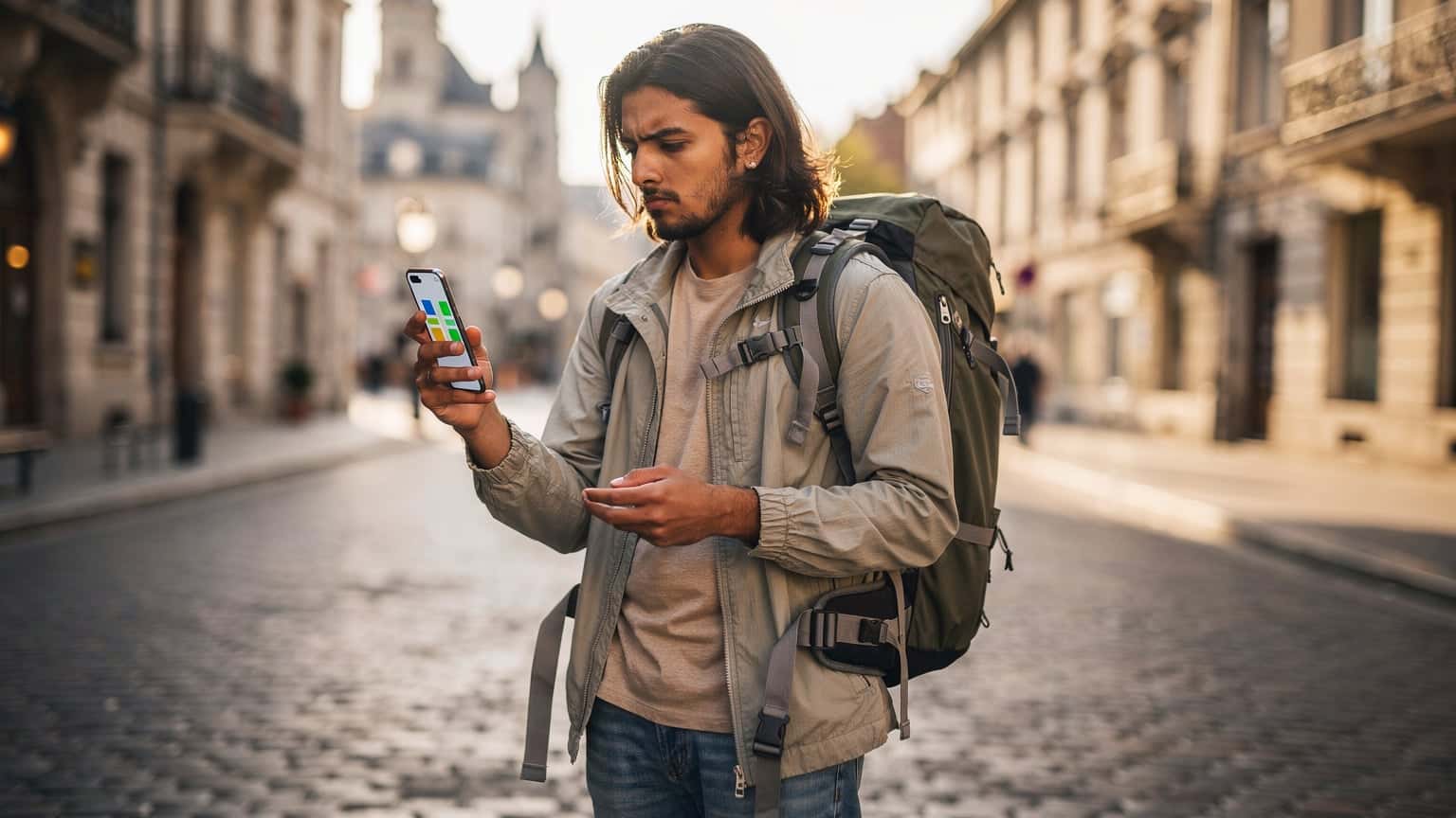 A young backpacker stands on a sunny European cobblestone street, looking thoughtfully at a smartphone, with blurred historic architecture in the background and a backpack visible, suggesting contemplation about travel plans and digital connectivity.