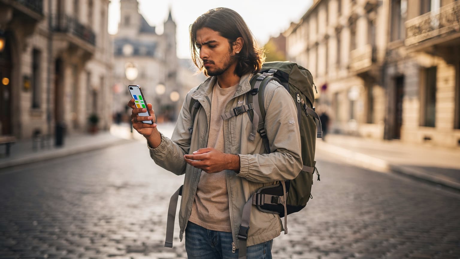 A young backpacker stands on a sunny European cobblestone street, looking thoughtfully at a smartphone, with blurred historic architecture in the background and a backpack visible, suggesting contemplation about travel plans and digital connectivity.