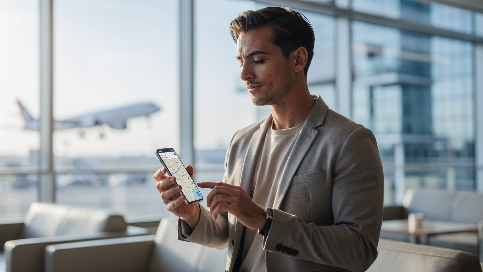 A stylish young traveler in a modern airport lounge looks at a sleek smartphone, symbolizing reliable digital connectivity and smart travel. Soft natural light illuminates the scene, with a blurred airport or city background.