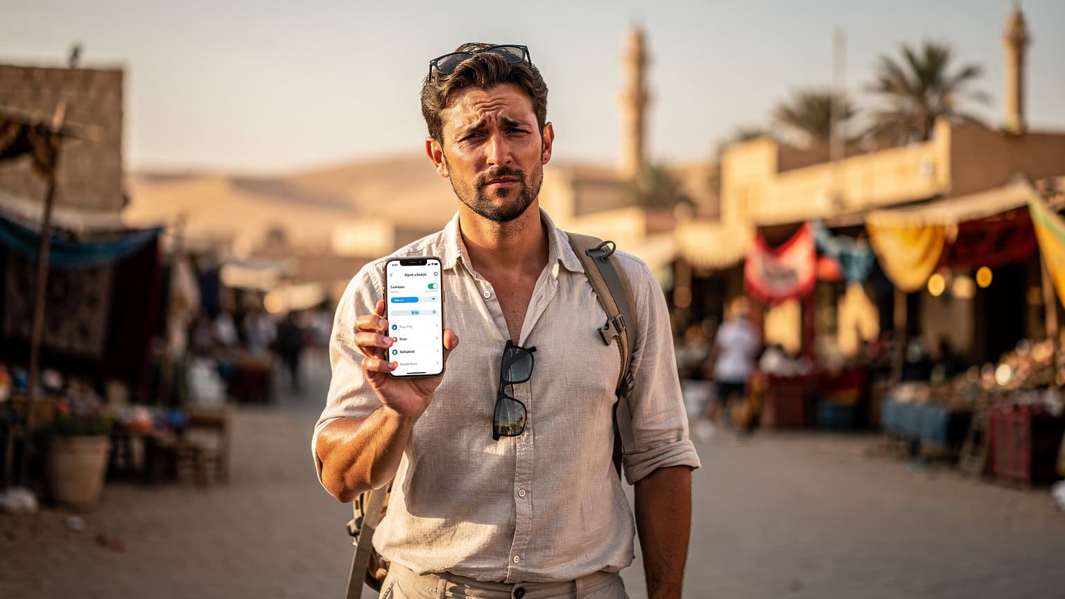 A traveler looks intently at a smartphone in an Egyptian setting, symbolizing the complexities and benefits of modern travel technology like eSIM.