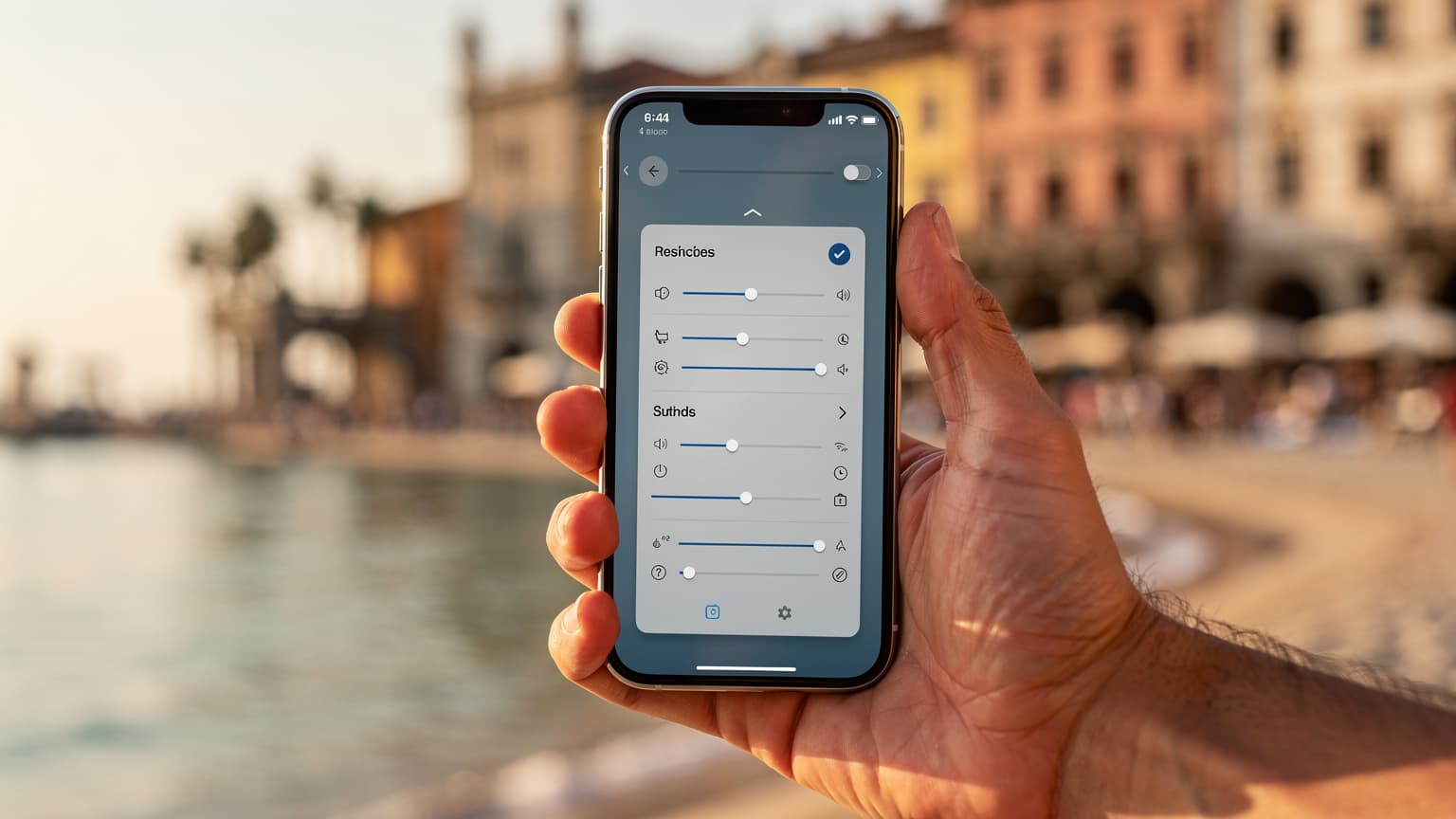 A close-up of a hand holding a smartphone, with a blurred background showing a beautiful summer vacation destination like a beach or a European city. The smartphone screen hints at connectivity options, representing the choice between eSIM and roaming for summer travel.
