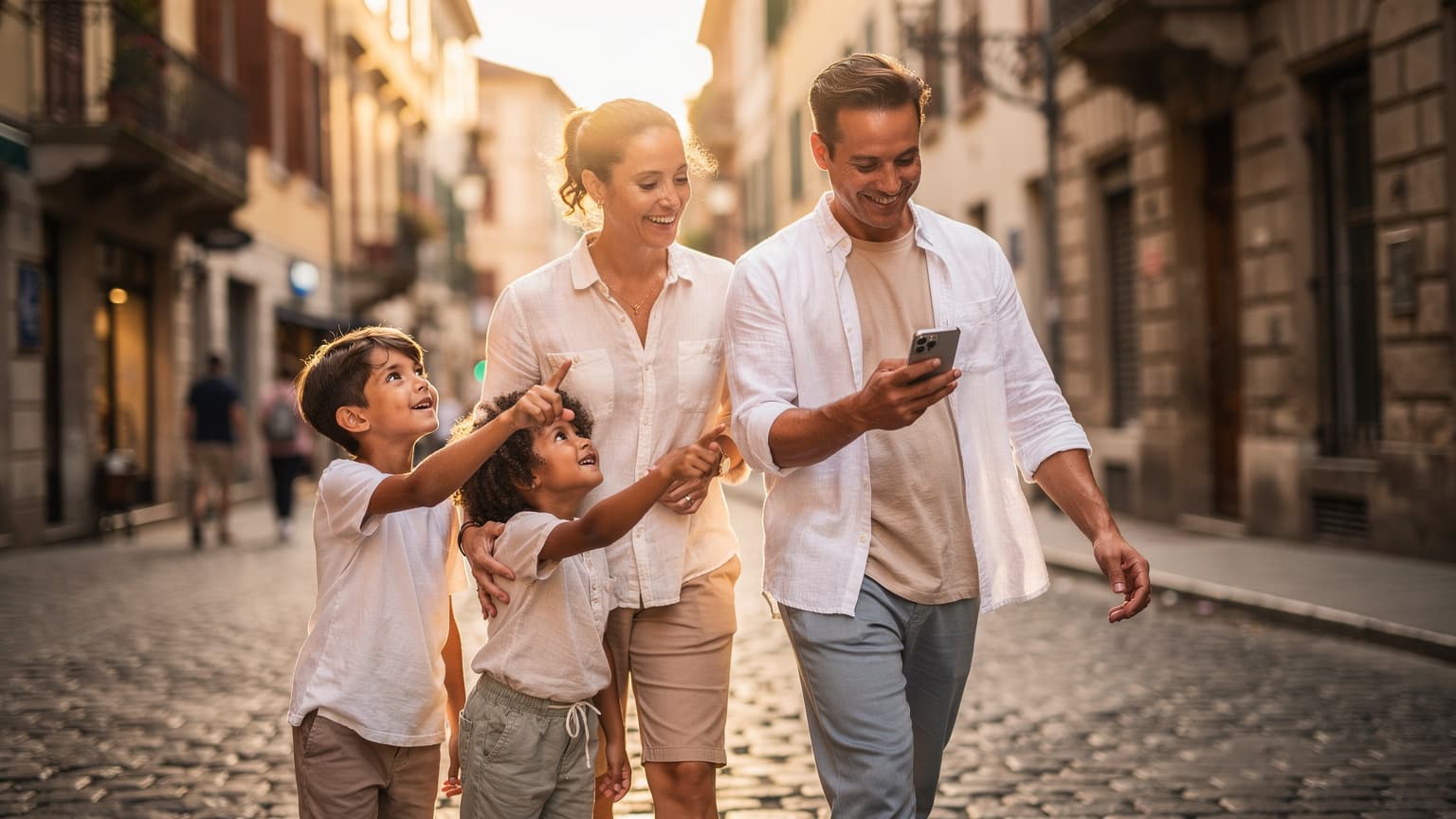A family of four, including parents and two children, happily walking on a sunny cobblestone street in a European city. One parent is casually looking at a smartphone with a relaxed expression, while the rest of the family enjoys the scenery. The image has a warm, cinematic feel, suggesting smooth and stress-free international travel facilitated by technology.