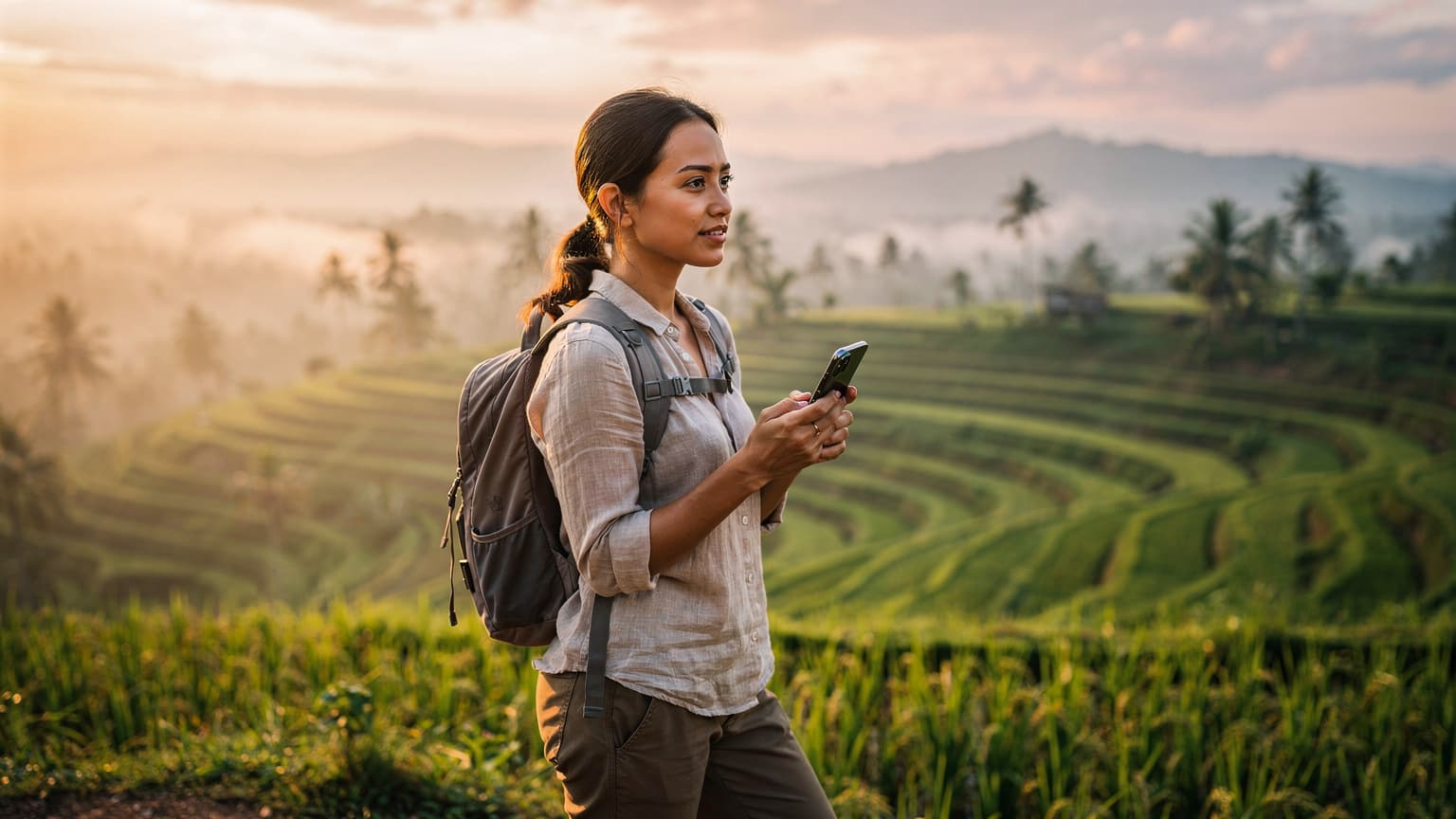 A photorealistic editorial hero image of a solo female traveler in Southeast Asia, holding a smartphone, suggesting connectivity and safety amidst a beautiful travel backdrop, captured with cinematic natural light.