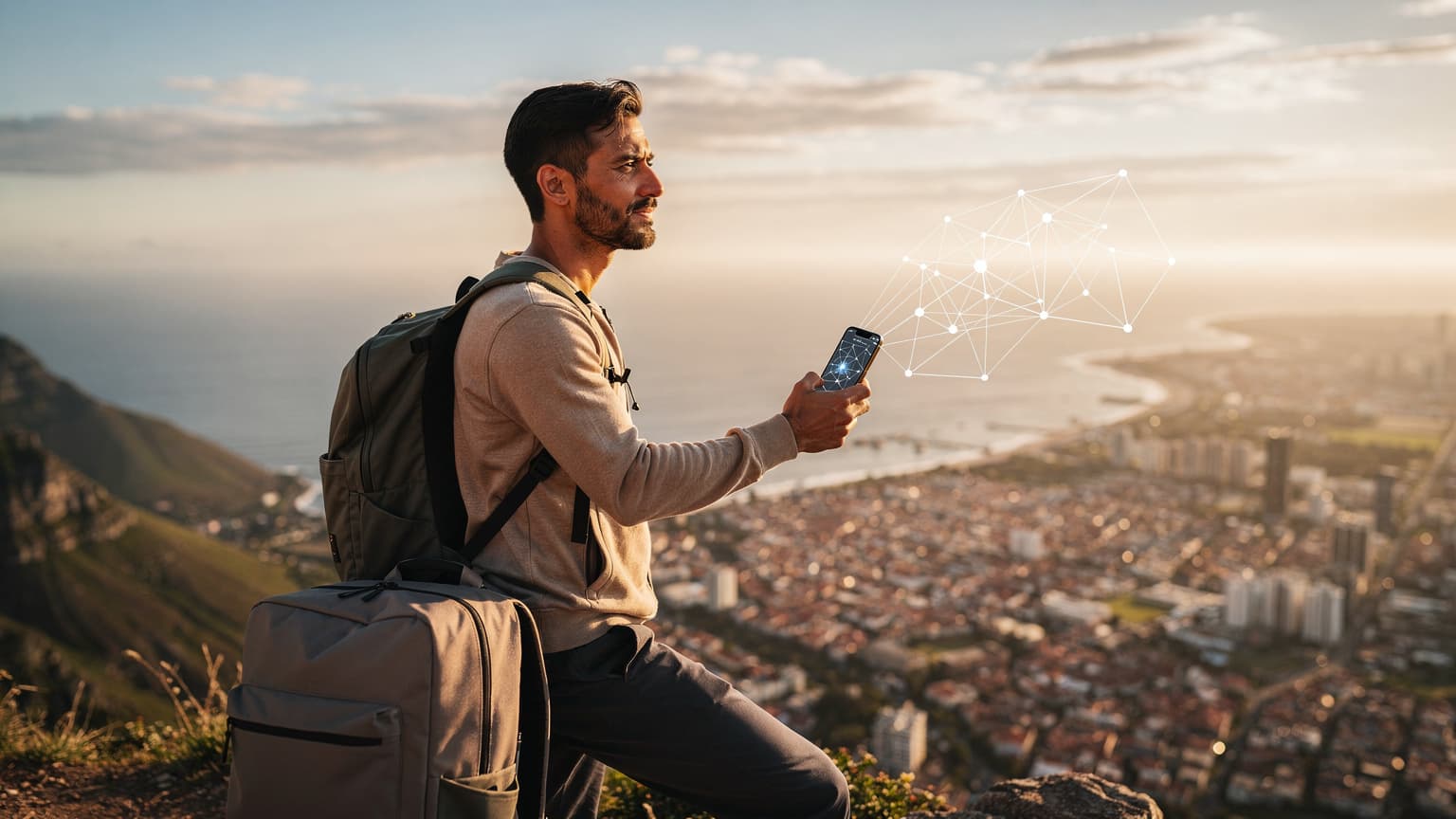 A digital nomad holding a smartphone with a glowing screen, overlooking a beautiful travel destination, symbolizing seamless global connectivity for travelers with an eSIM.