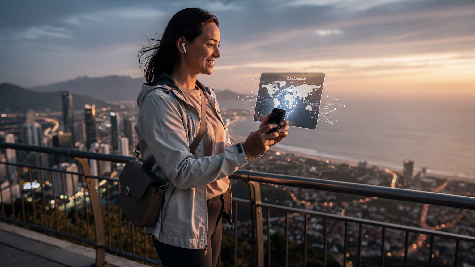 A modern traveler smiles while looking at their smartphone from a high viewpoint overlooking a vast, scenic landscape at dusk, symbolizing easy global connectivity and roaming.