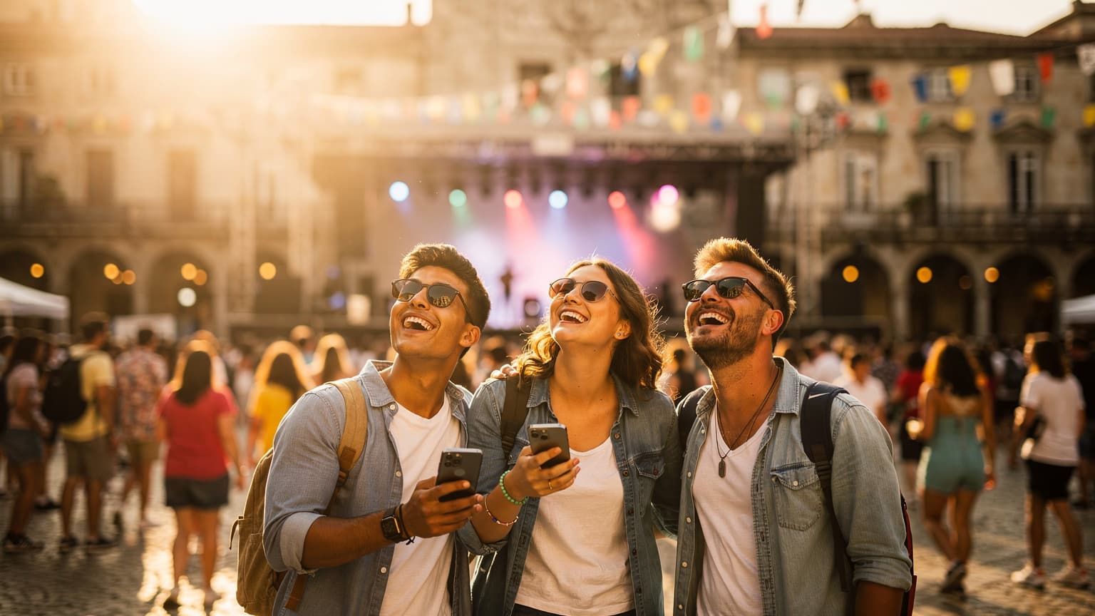 A photorealistic image of a joyful traveler at an international summer festival, subtly holding a smartphone, conveying ease of travel and connectivity.