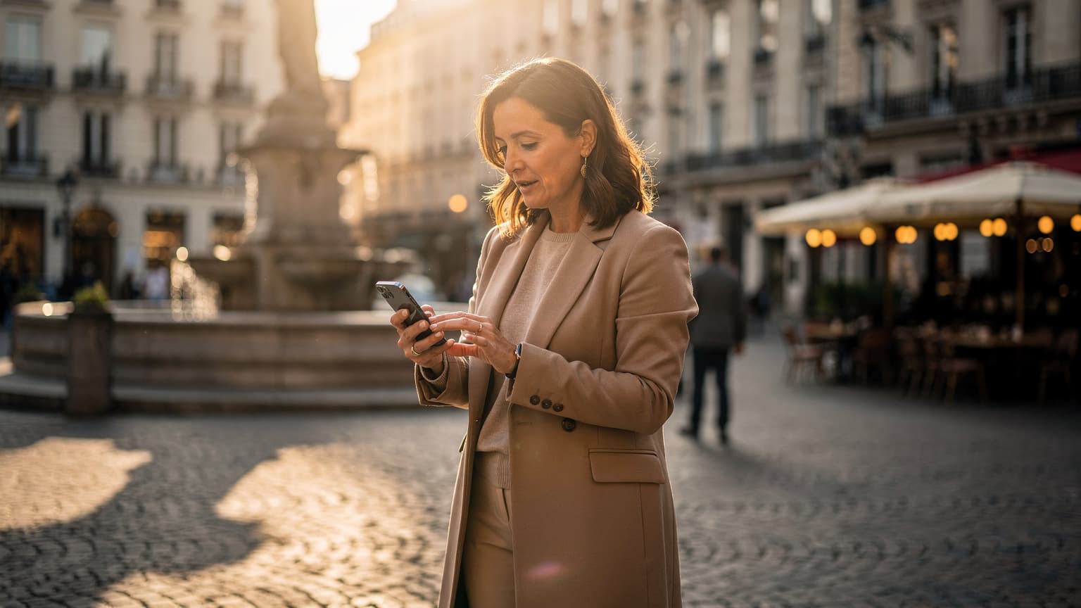 A solo traveler thoughtfully examines their smartphone in a sunlit European city square, conveying international connectivity and technology in a travel context.