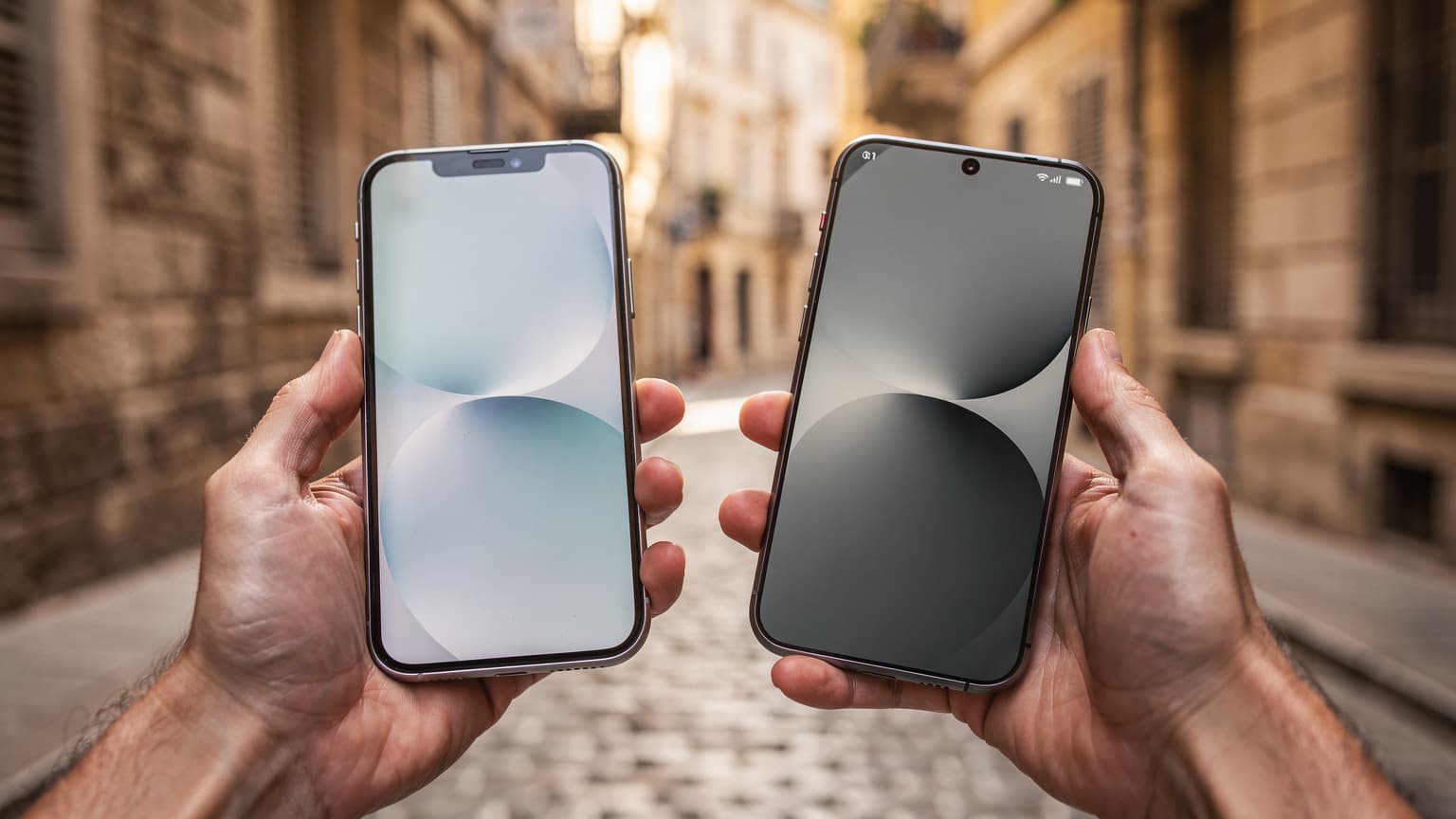 A close-up, cinematic shot of two distinct, unbranded futuristic smartphones held in hands against a blurred backdrop of a sunlit European city street, conveying ease of international travel and technology setup.