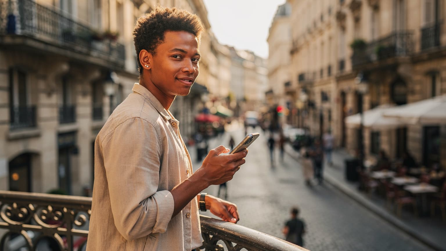 A modern traveler on a balcony overlooking a vibrant European city, holding a smartphone and interacting with it, conveying effortless global digital connection while traveling.