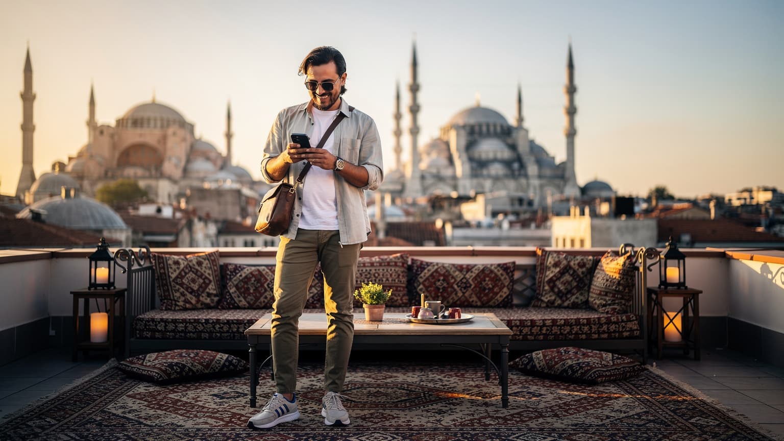 A traveler on an Istanbul rooftop at golden hour, smartphone in hand, with the Hagia Sophia and Blue Mosque in the background, symbolizing modern travel and connectivity.