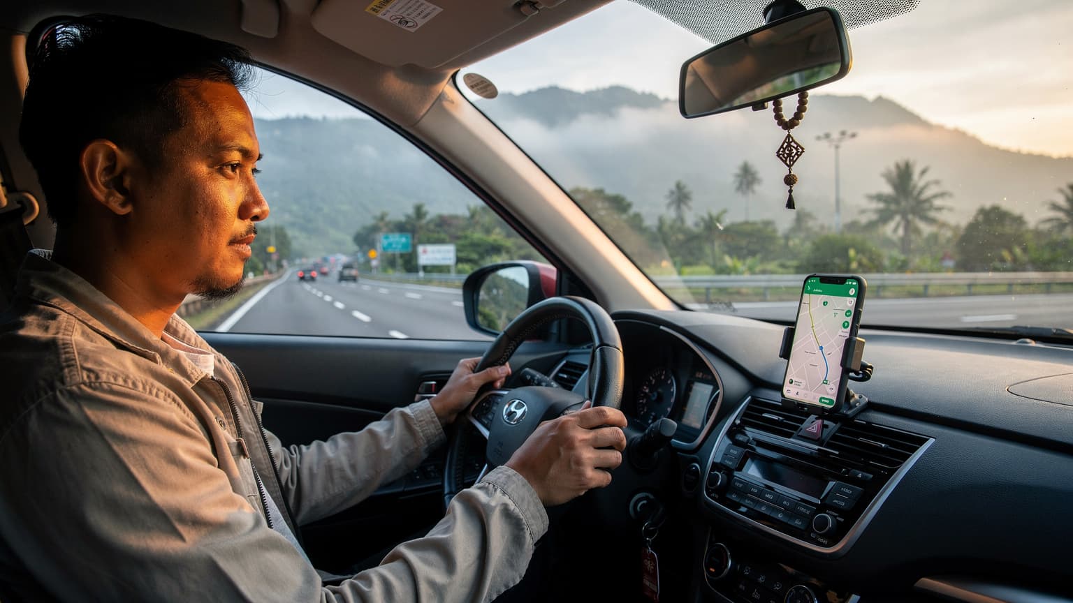 Seorang pengemudi melihat peta digital di ponselnya yang terpasang di dashboard mobil SUV saat melintasi jalan tol trans-Jawa yang sepi, dengan latar belakang pegunungan hijau yang berkabut di pagi hari, menunjukkan persiapan perjalanan jarak jauh.