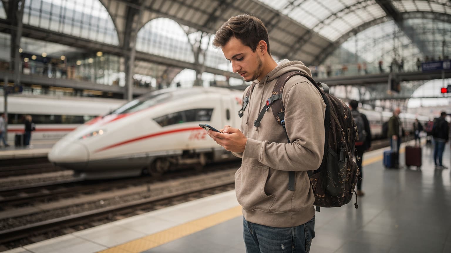 A budget traveler, mid-twenties, with a well-worn backpack, checking their smartphone at a bustling train station platform in Berlin, Germany, with a visible Deutsche Bahn train in the background.