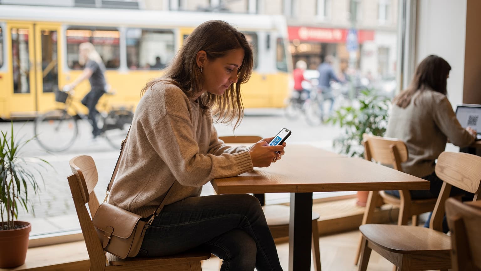 Eine Frau sitzt entspannt in einem modernen Berliner Café, ihr Smartphone zeigt eine eSIM-Installationsanleitung, während im Hintergrund die geschäftige Rosenthaler Straße zu sehen ist.