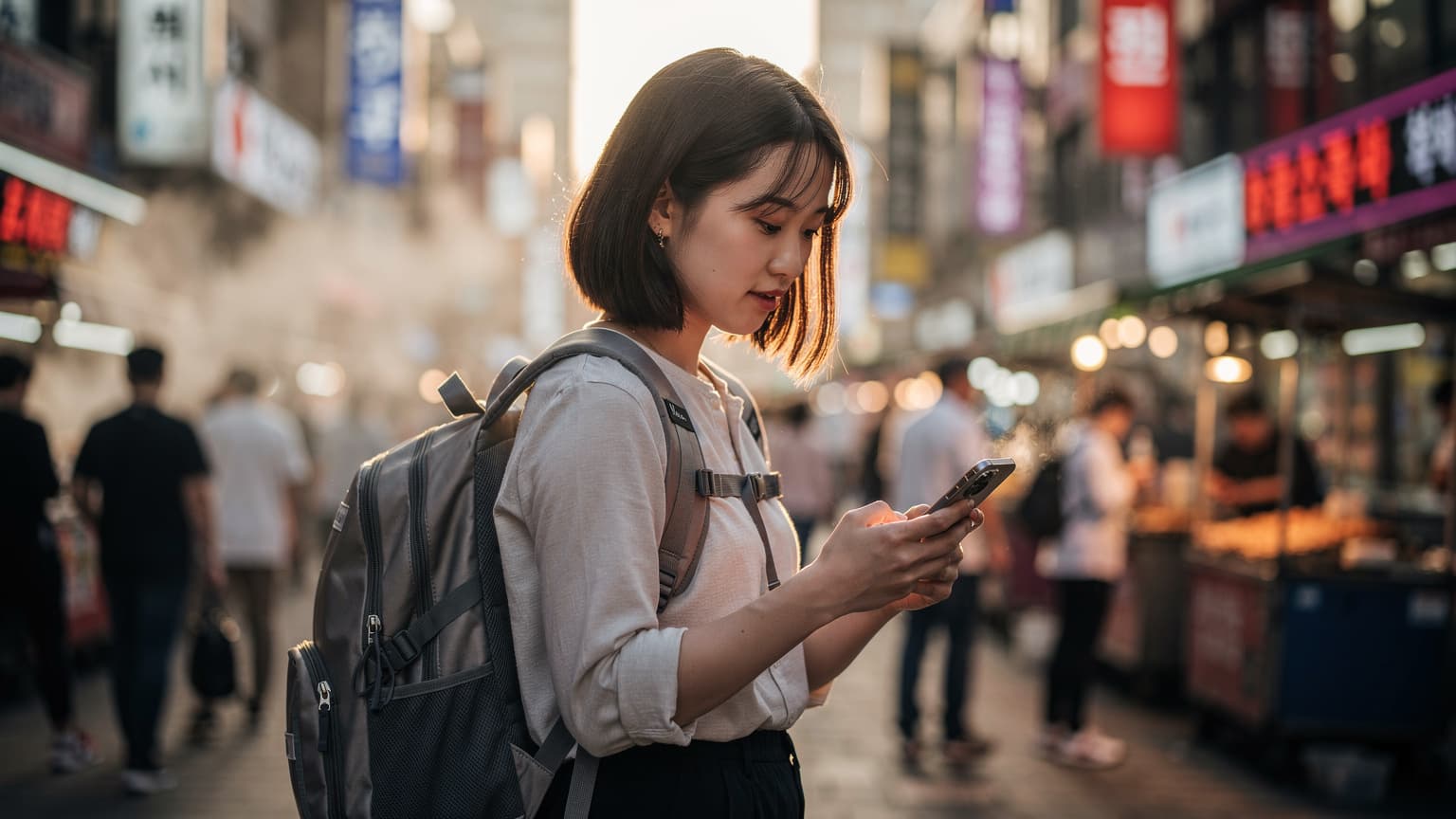 ソウル明洞の賑やかなストリートフード屋台の前で、最新のiPhoneを手にeSIM設定を確認している若い日本人女性旅行者。