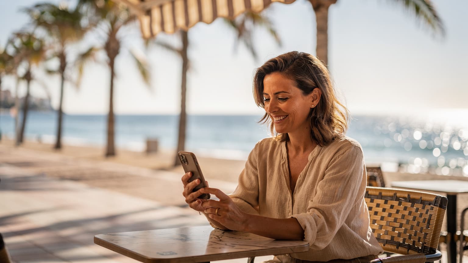 Kobieta uśmiecha się, trzymając telefon z aktywną kartą eSIM, siedząc w kawiarni z widokiem na plażę w Maladze, z palmami i błękitnym Morzem Śródziemnym w tle.