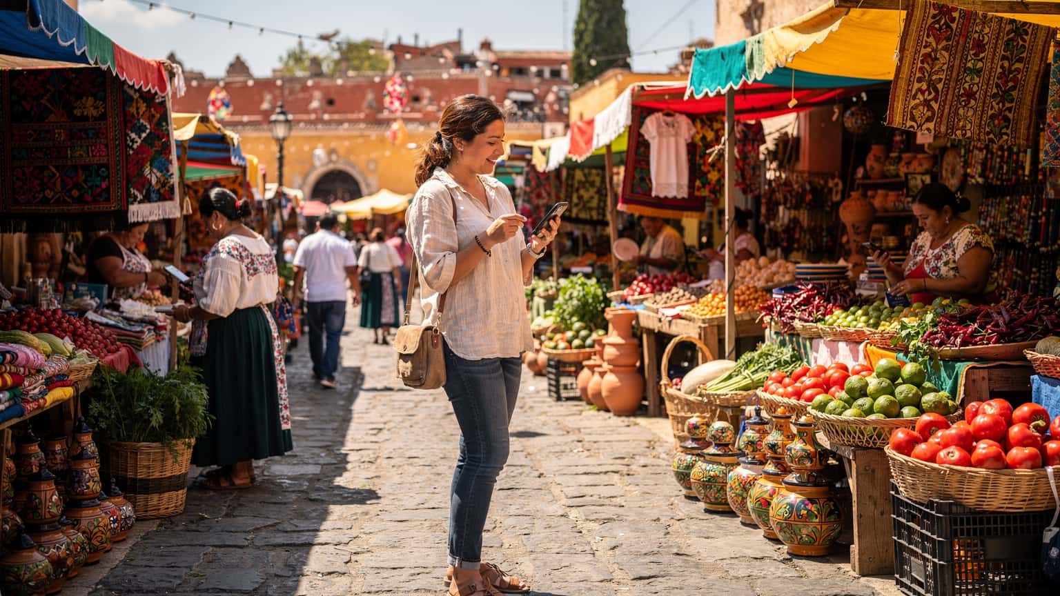 Eine Reisende, die mit ihrem Smartphone eine digitale Karte in der Hand hält, während sie auf einem belebten Markt in Oaxaca, Mexiko, steht, umgeben von farbenfrohen Textilien und lokalen Produkten bei warmem Mittagslicht, fotografiert für ein Reisemagazin.