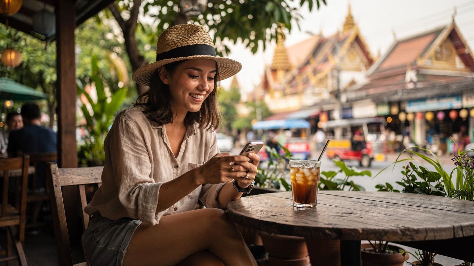 Une voyageuse assise dans un café de Chiang Mai, le Wat Phra Singh au fond, navigue sur son téléphone avec un sourire, profitant d'une connexion internet fluide.